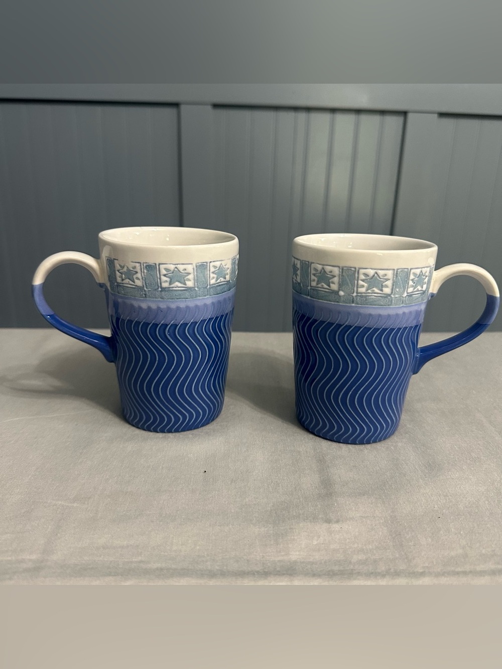 ⁠Just Mugs England Set of 2 Coffee Mugs Blue Wave Celestial Star Band Stoneware